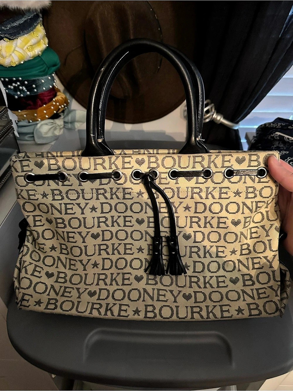 Dooney & Bourke Signature Monogram Canvas Tote Bag in Beige & Black